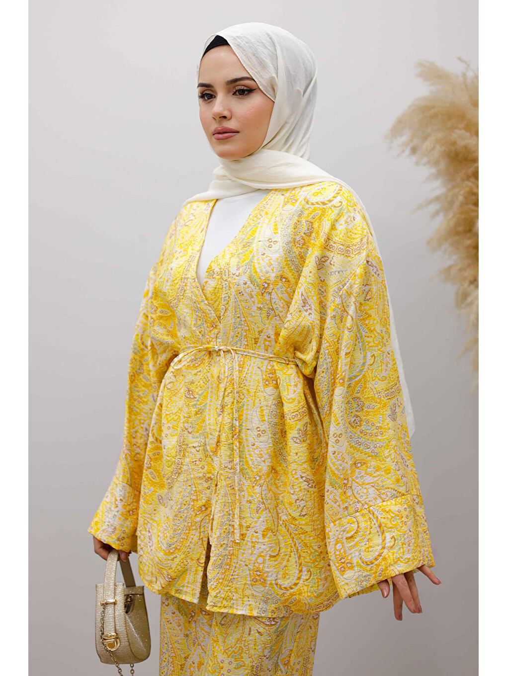 Beli İp Bağlamalı Kimono Takım Tsd250265 Sarı-1