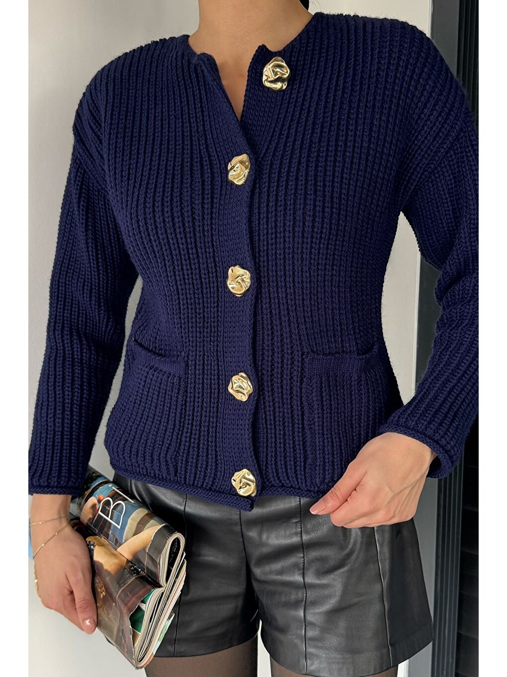 Lacivert Kadın Çift Cepli Triko Ceket-2