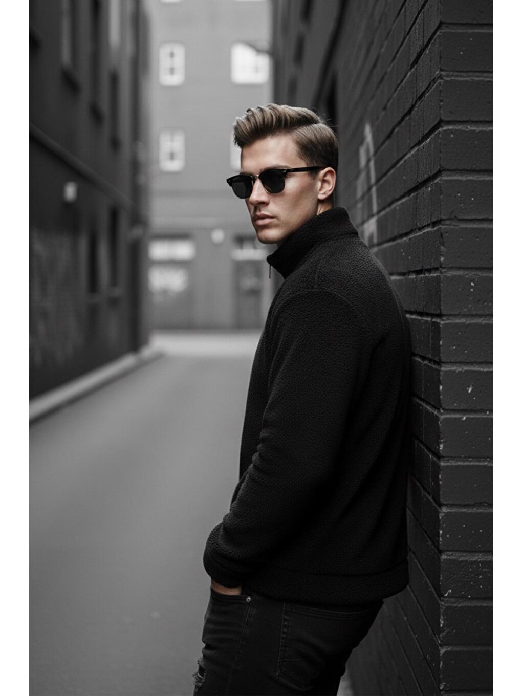 Siyah Jaky Slim Fit Pelüş Yarım Tam Fermuarlı Dik Yaka Kalın Erkek Sweatshirt Polar-3