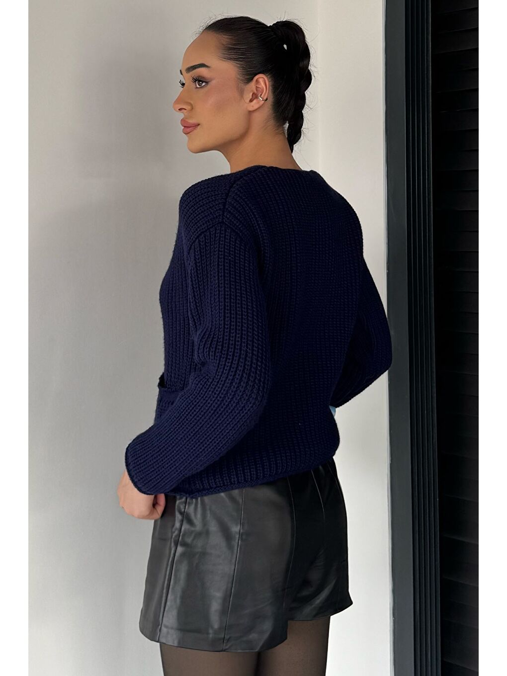 Lacivert Kadın Çift Cepli Triko Ceket-3