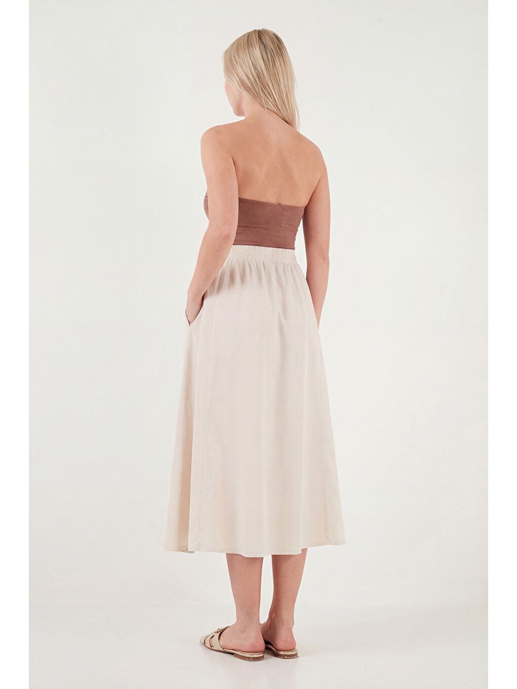 Bej Modest Pamuklu Relaxed Fit Lastikli Bel Tesettür Midi Etek 668YE4449-6