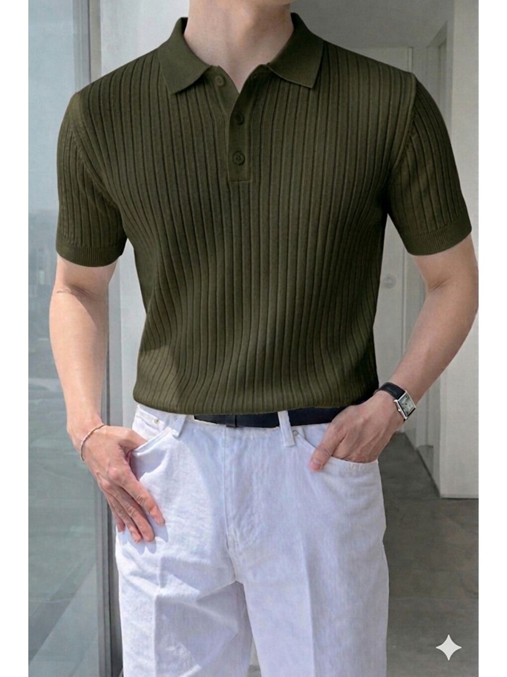 Haki Erkek Düğmeli Fitilli Triko Polo Tişört Slim Fit