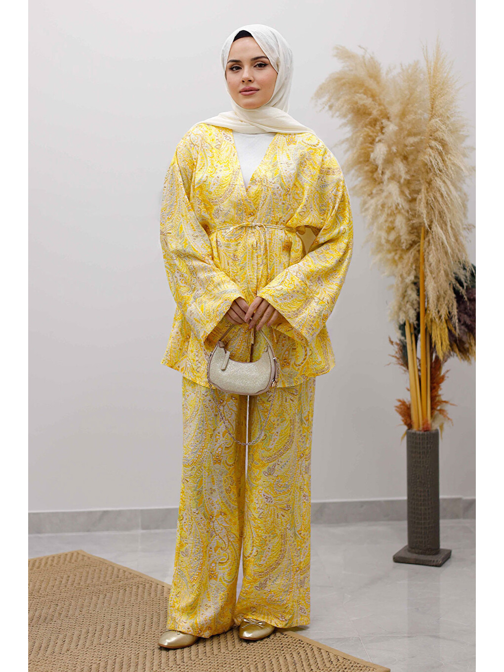 Beli İp Bağlamalı Kimono Takım Tsd250265 Sarı-2