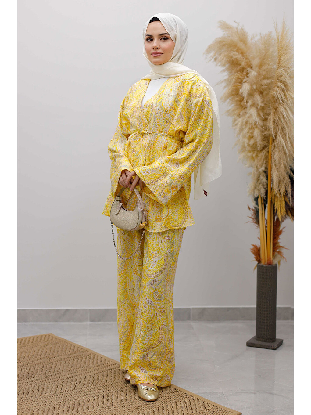 Beli İp Bağlamalı Kimono Takım Tsd250265 Sarı-3
