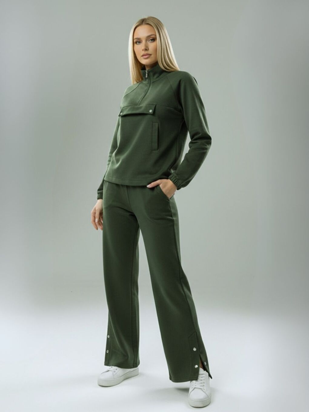 Kadın Haki Çıtçıt Detaylı Yarım Fermuarlı Premium Kumaş Eşofman Takımı