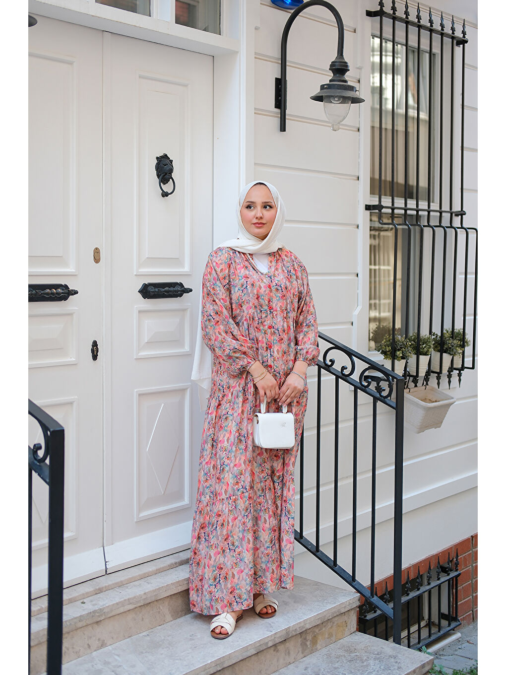 Pembe Kadın Çicek Desenli Elbise Somon-3