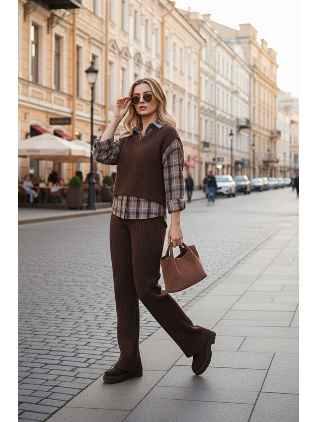 Kahverengi Regular Fit Ekoseli Gömlek Detaylı Kadın Triko Takım 59136596