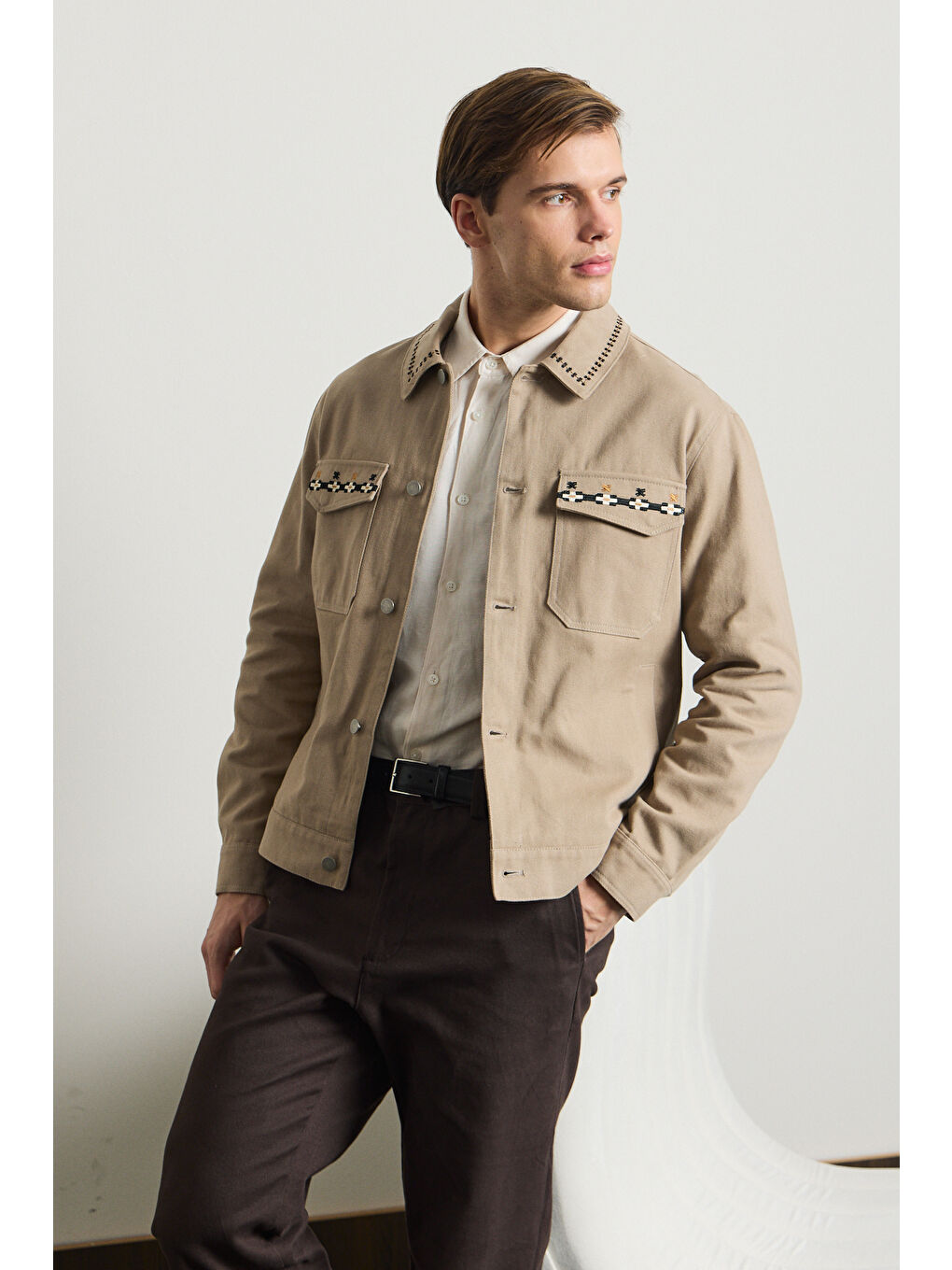 Bej Erkek Nakışlı Denim Ceket Vizon-1