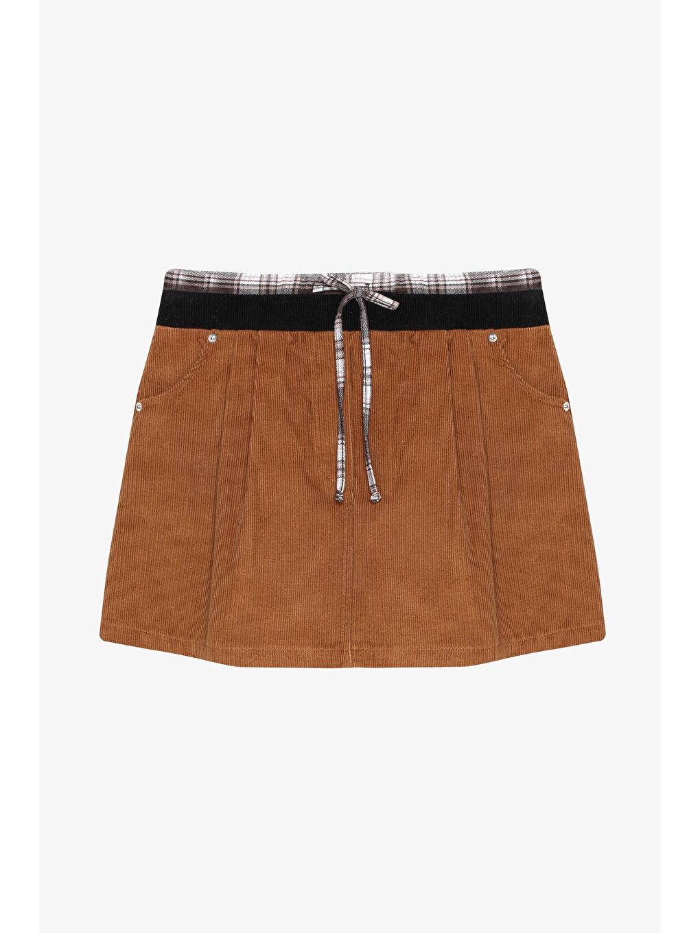 Ekose Bağcıklı Kadife Mini Etek Kahverengi-1