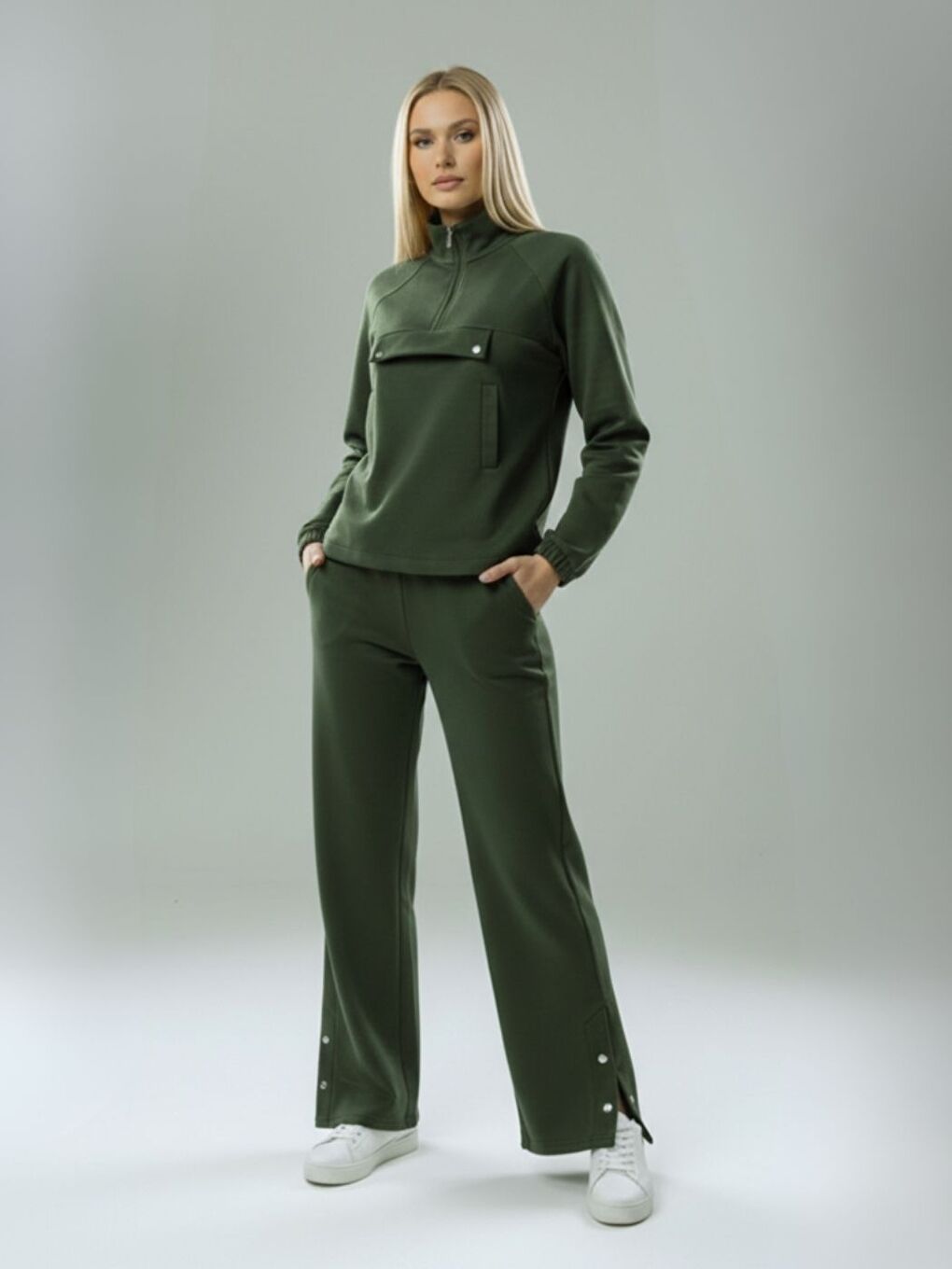 Kadın Haki Çıtçıt Detaylı Yarım Fermuarlı Premium Kumaş Eşofman Takımı-2