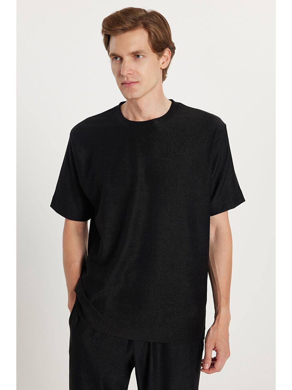 Erkek Oversize Geniş Kesim Beli Lastikli Bağcıklı Bisiklet Yaka Siyah Eşofman Takımı-1