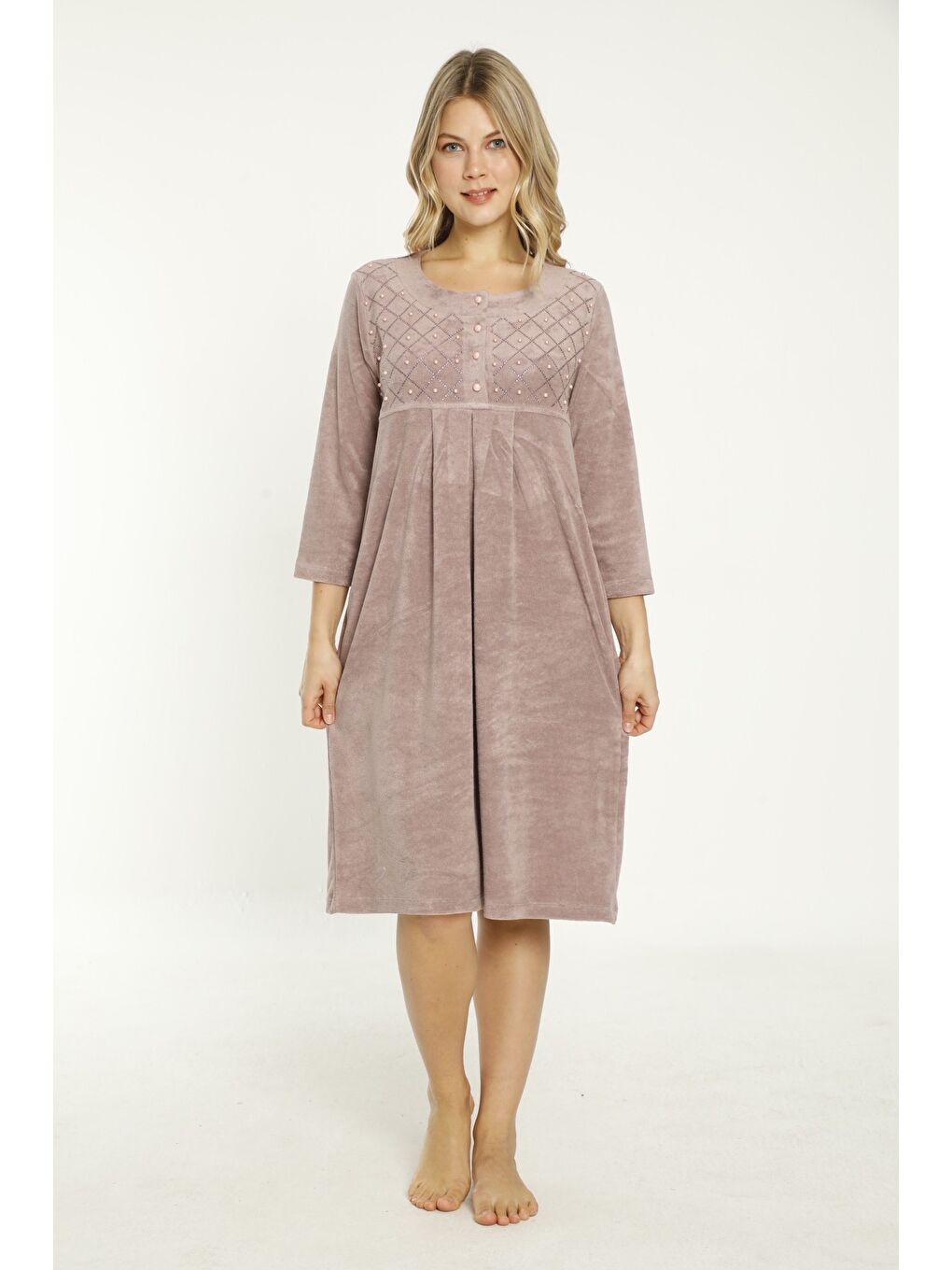 Pembe Lacivert Taş Detaylı Düğmeli Pamuklu Havlu Elbise-1