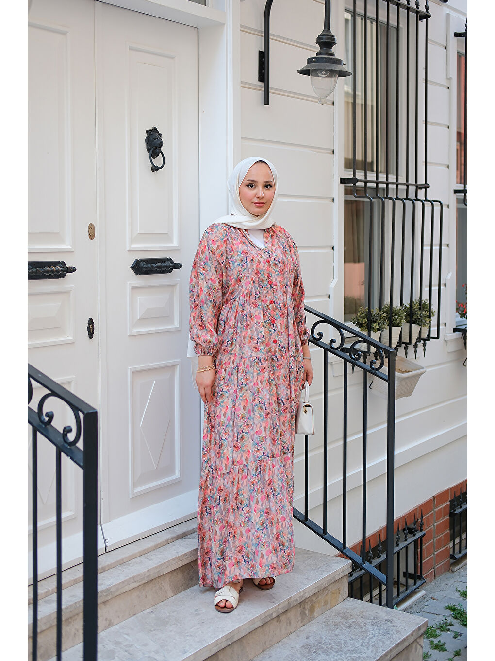 Pembe Kadın Çicek Desenli Elbise Somon-4