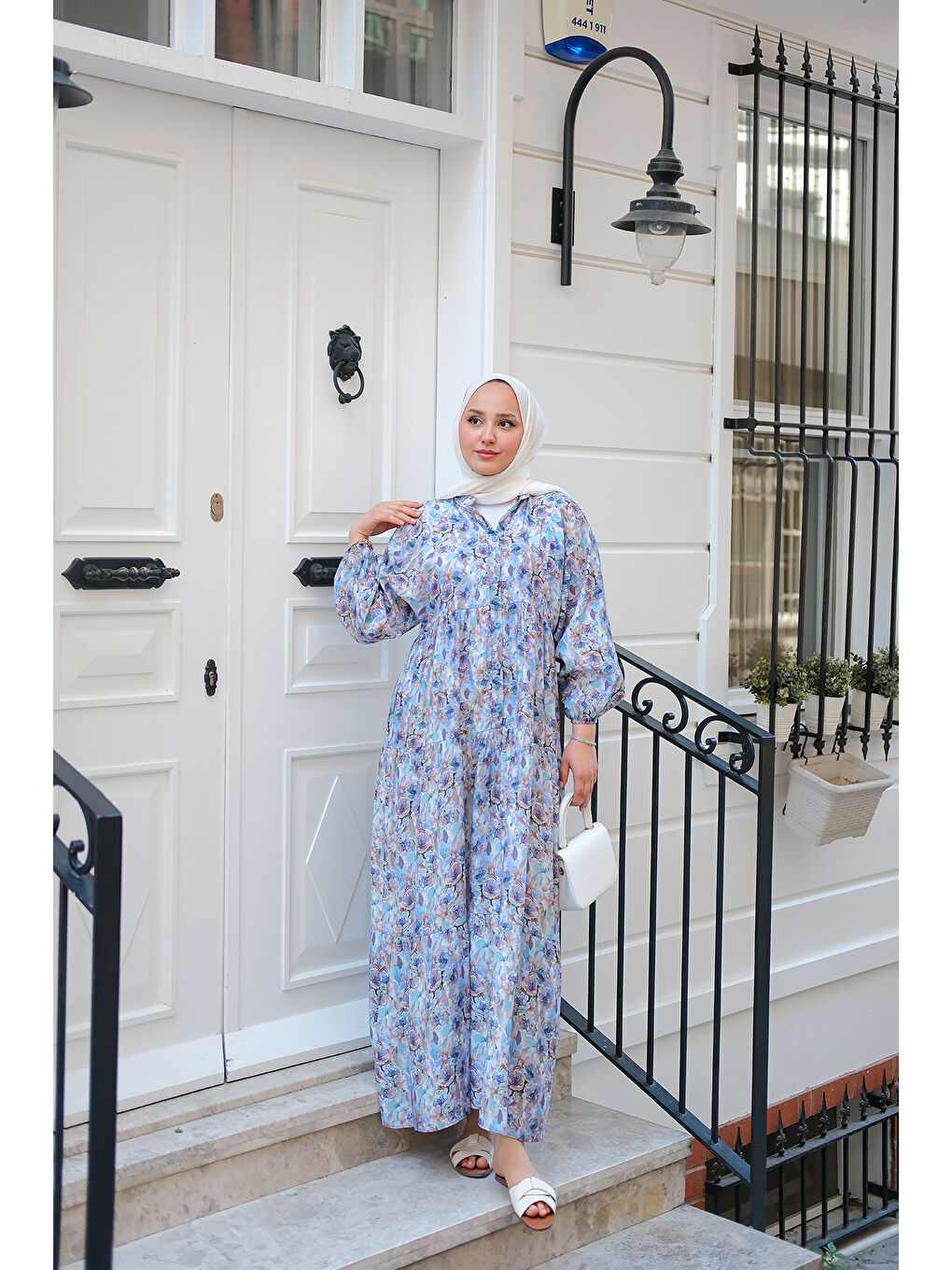 Kadın Çicek Desenli Elbise Mavi-1