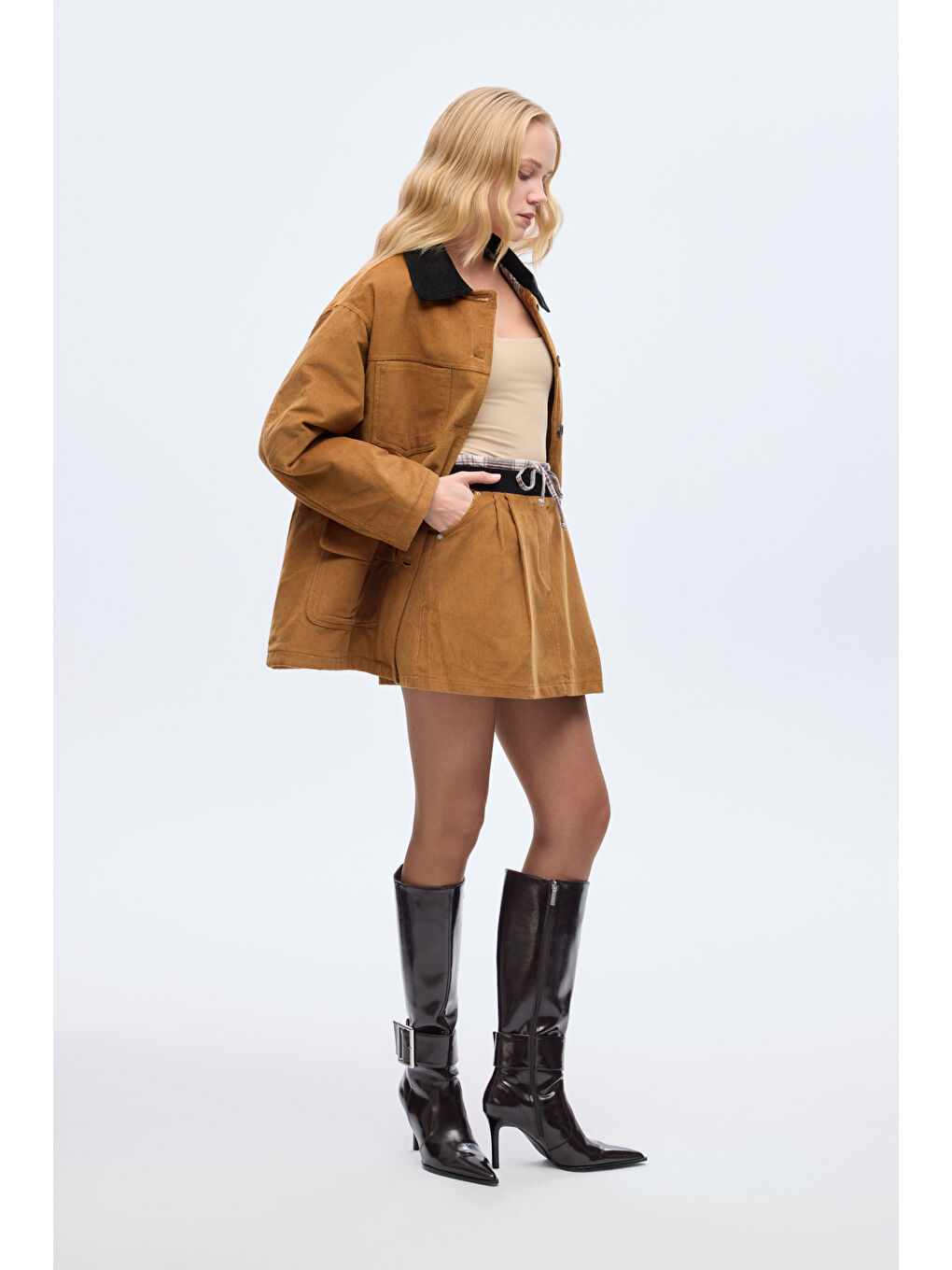 Ekose Bağcıklı Kadife Mini Etek Kahverengi-2