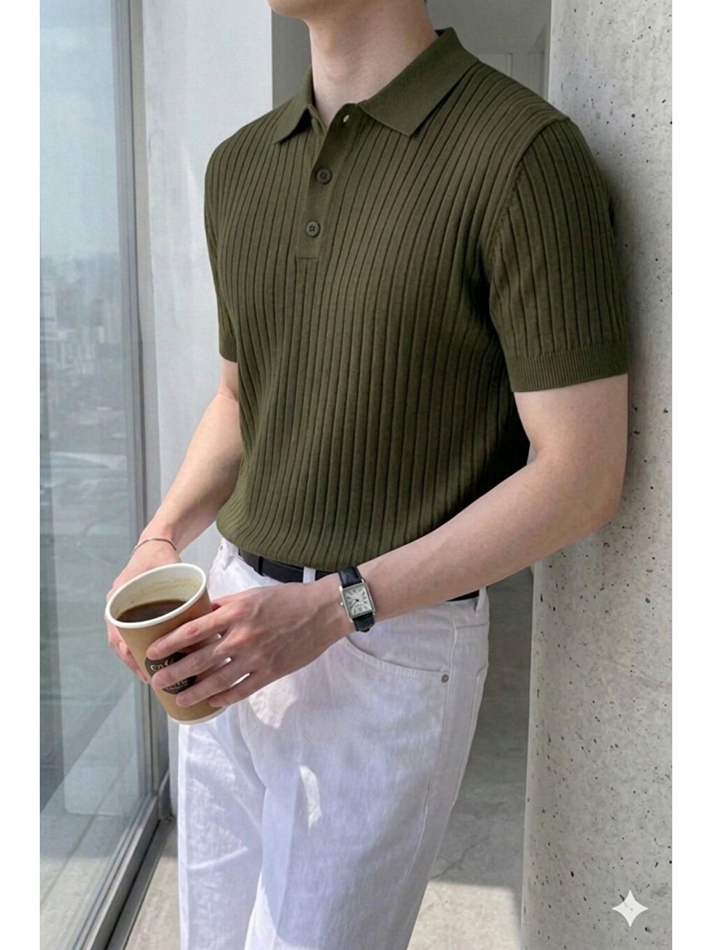 Haki Erkek Düğmeli Fitilli Triko Polo Tişört Slim Fit-1