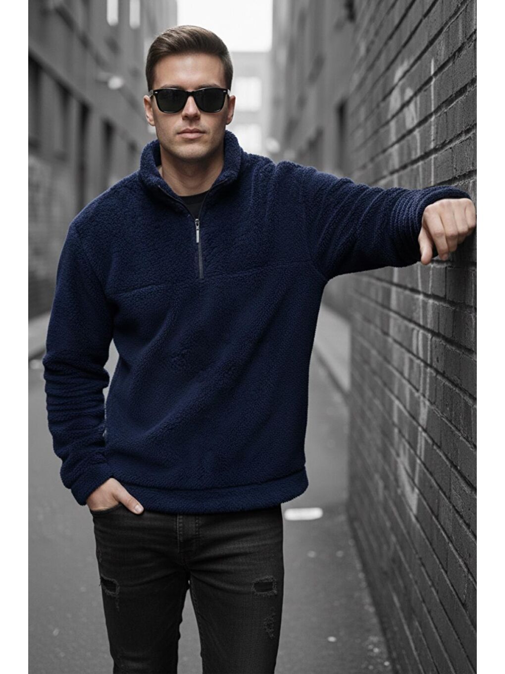 Lacivert Jaky Slim Fit Pelüş Yarım Tam Fermuarlı Dik Yaka Kalın Erkek Sweatshirt Polar-1