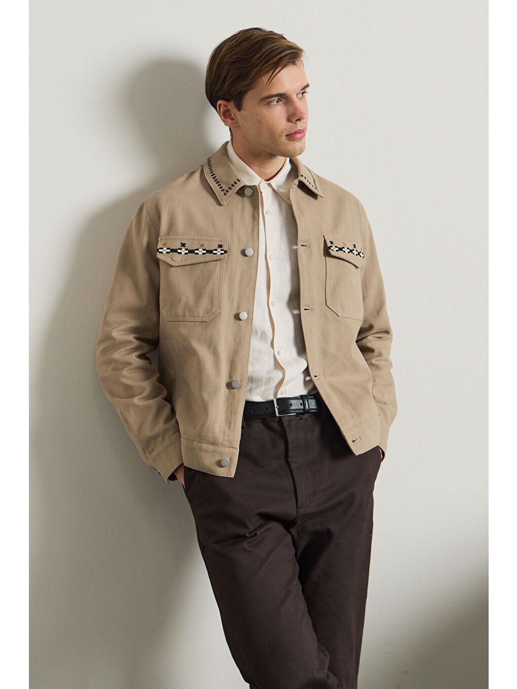 Bej Erkek Nakışlı Denim Ceket Vizon-2