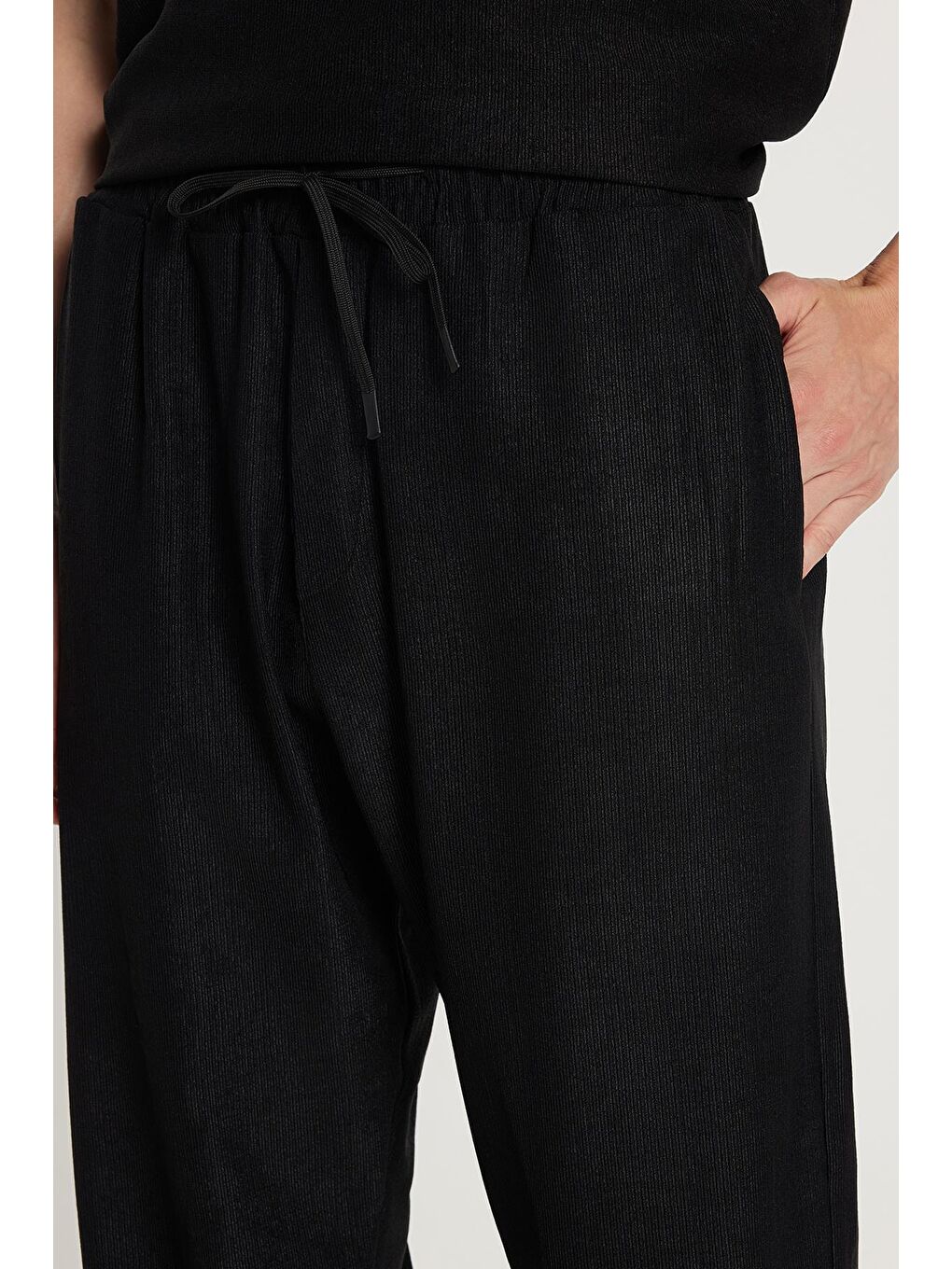 Erkek Oversize Geniş Kesim Beli Lastikli Bağcıklı Bisiklet Yaka Siyah Eşofman Takımı-2