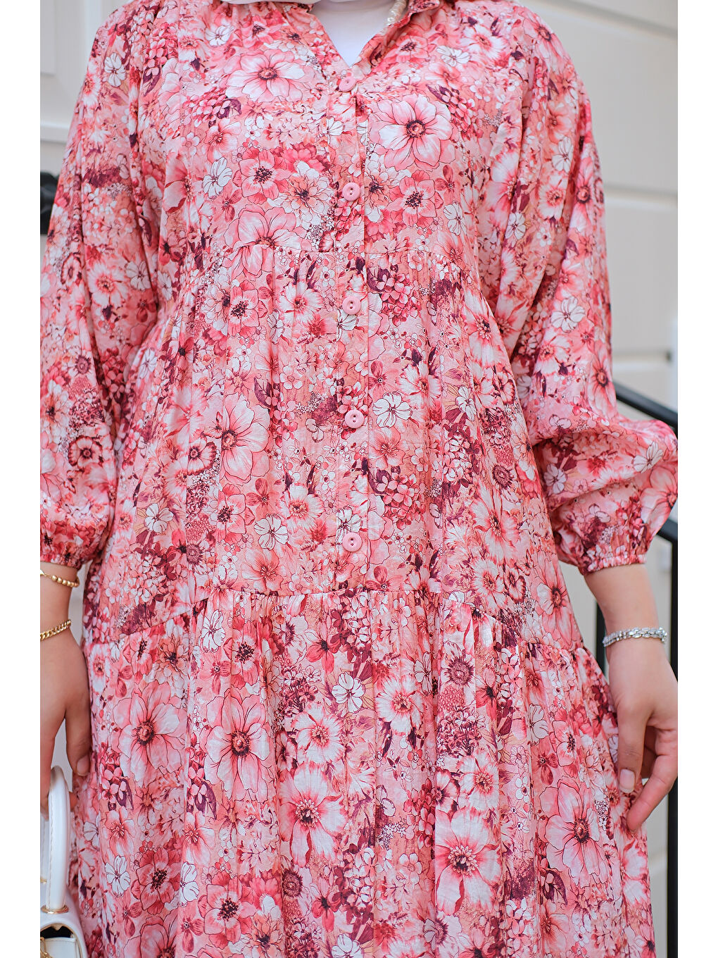 Kadın Çicek Desenli Elbise Kırmızı-3