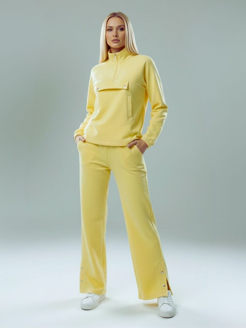 Kadın Sarı Çıtçıt Detaylı Yarım Fermuarlı Premium Kumaş Eşofman Takımı