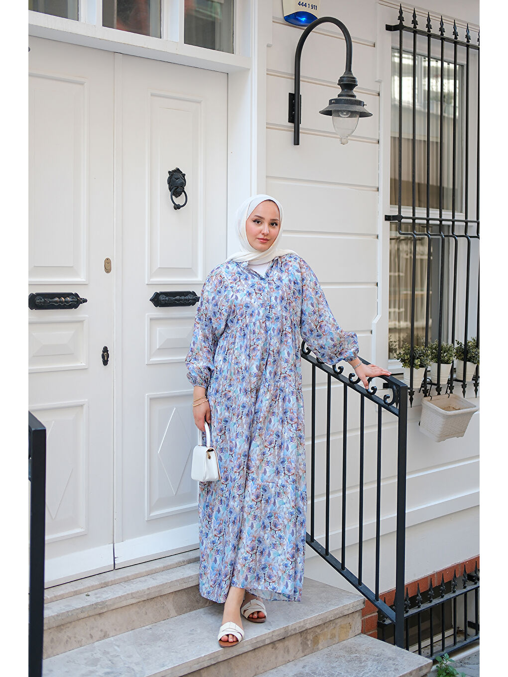 Kadın Çicek Desenli Elbise Mavi-2