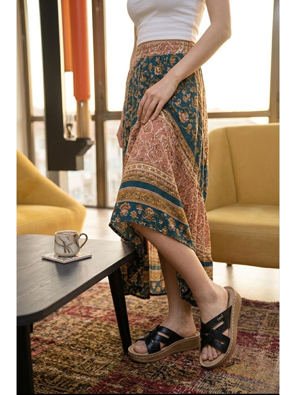 Siyah Trd 102 Bohem Stil Çapraz Bantlı Kalın Taban Terlik-2