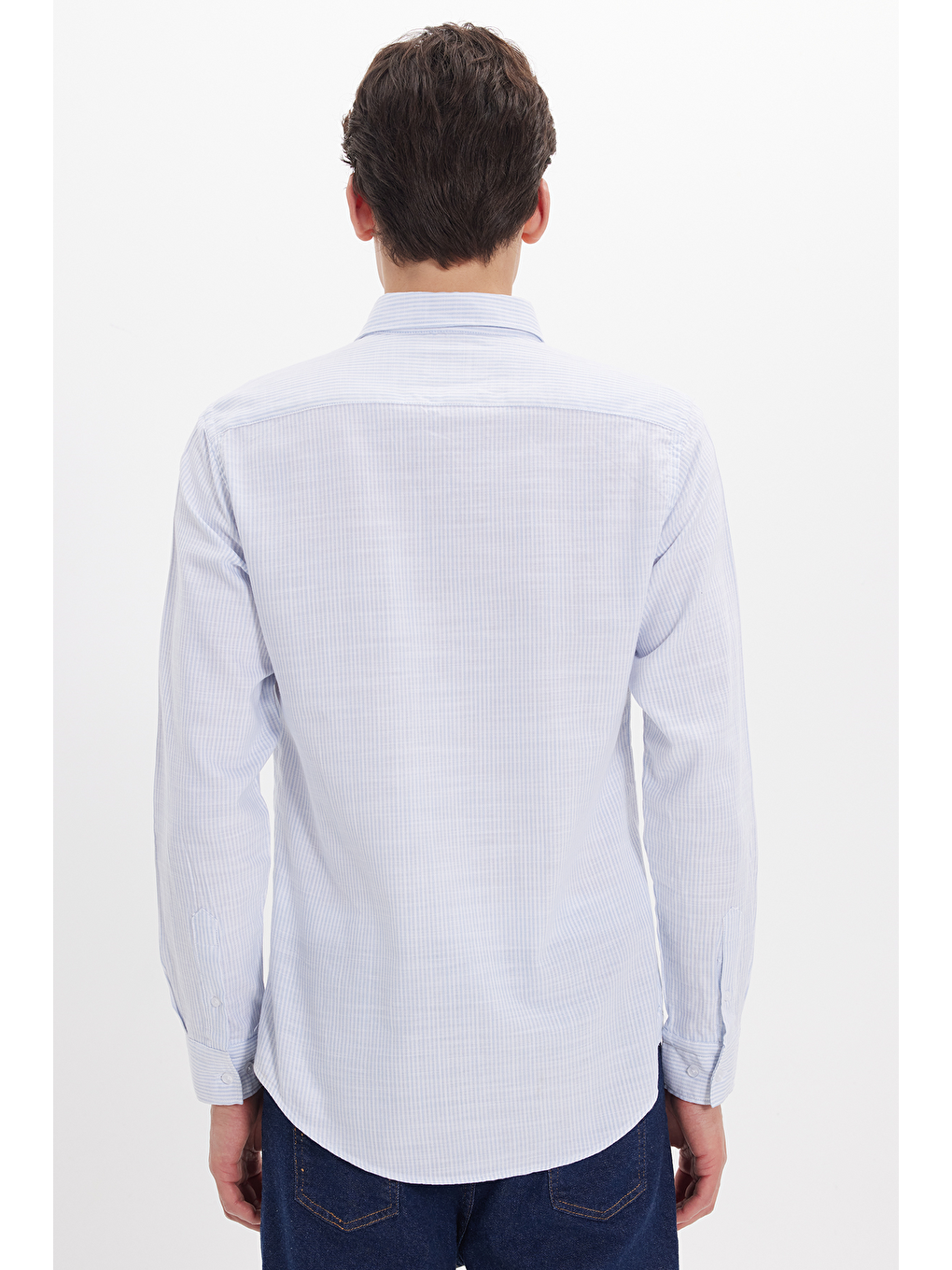 Erkek Slim Fit Dar Kesim %100 Pamuk Düğmeli Yaka Çizgili Uzun Kollu Cepli Keten Efektli Mavi Gömlek-6
