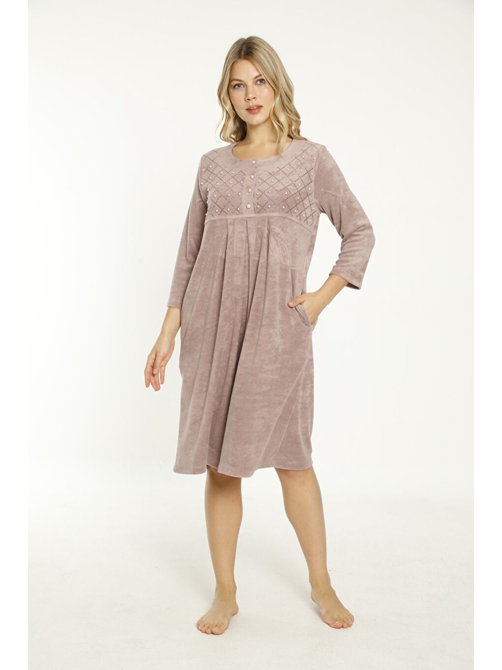 Pembe Lacivert Taş Detaylı Düğmeli Pamuklu Havlu Elbise-2