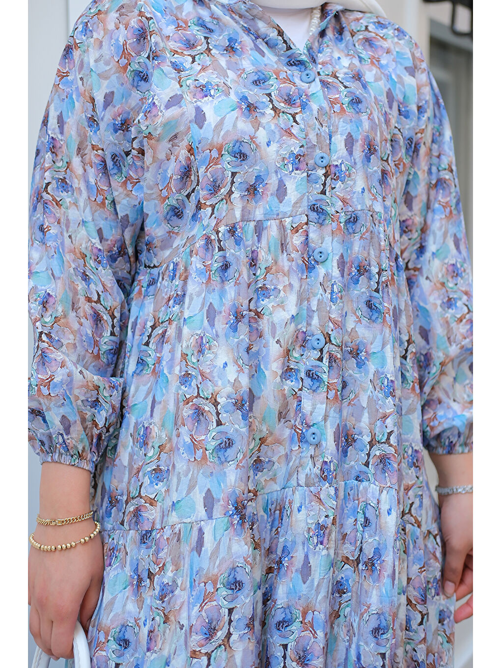 Kadın Çicek Desenli Elbise Mavi-3