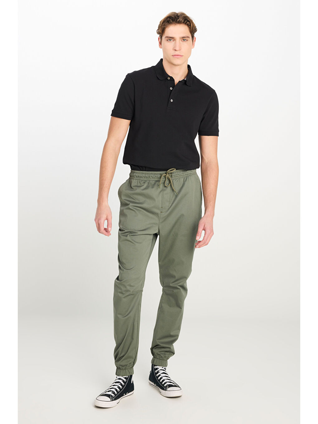 Regular Fit Normal Kesim Ribanalı Paça Pamuklu Haki Jogger Pantolon-1