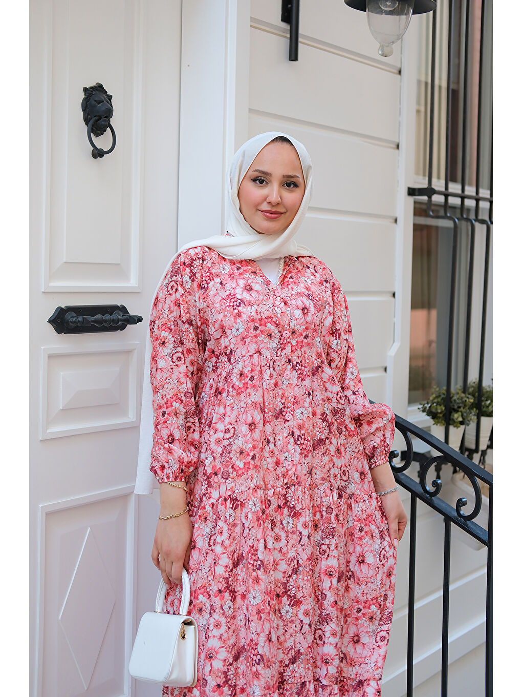 Kadın Çicek Desenli Elbise Kırmızı-4