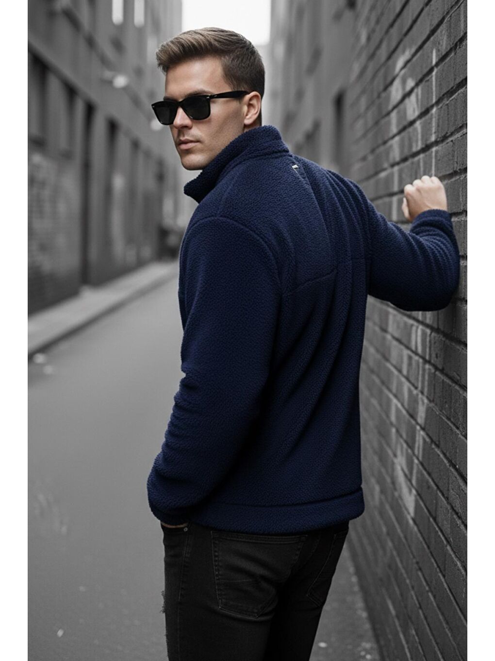 Lacivert Jaky Slim Fit Pelüş Yarım Tam Fermuarlı Dik Yaka Kalın Erkek Sweatshirt Polar-2