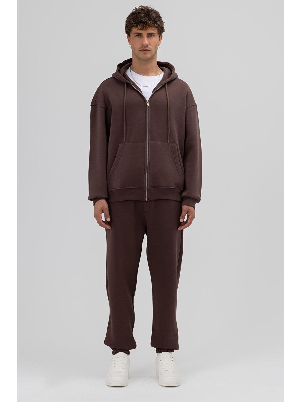Kahverengi Basic Fermuarlı Oversize Kapüşonlu Sweatshirt Kahve