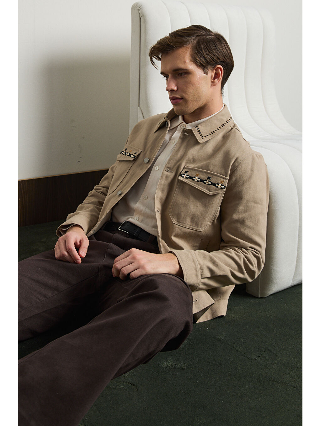 Bej Erkek Nakışlı Denim Ceket Vizon-3