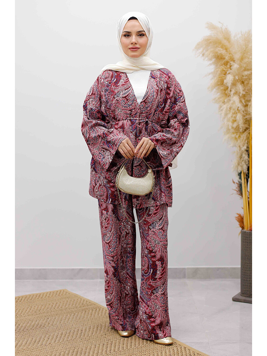 Beli İp Bağlamalı Kimono Takım Tsd250265 Bordo