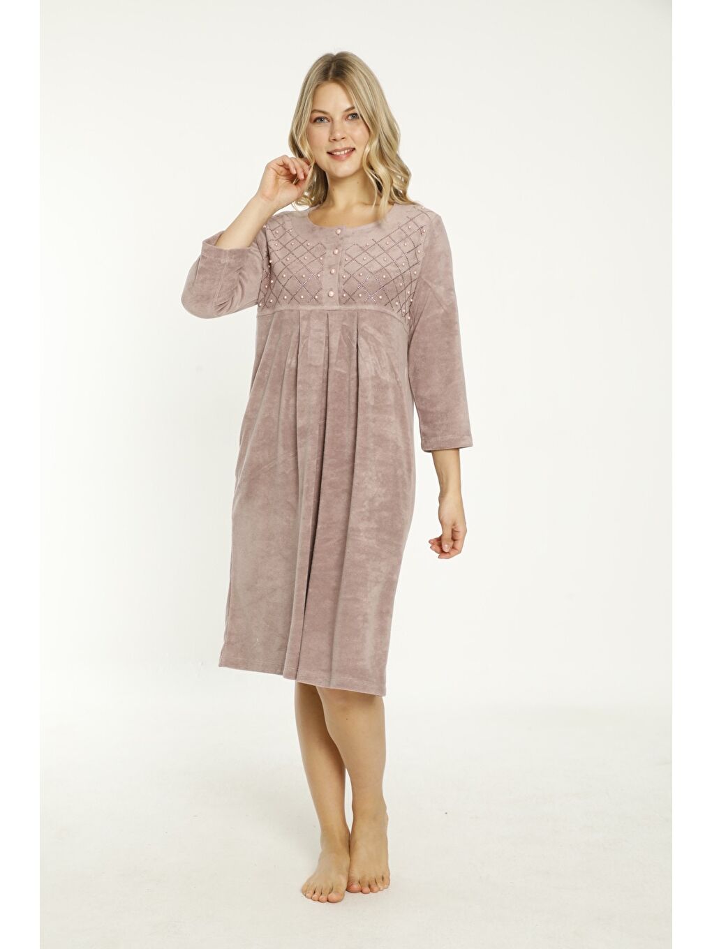 Pembe Lacivert Taş Detaylı Düğmeli Pamuklu Havlu Elbise-3