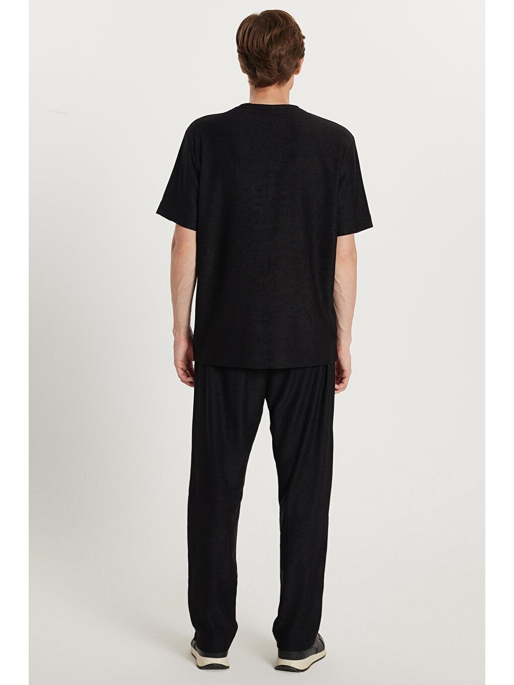 Erkek Oversize Geniş Kesim Beli Lastikli Bağcıklı Bisiklet Yaka Siyah Eşofman Takımı-4