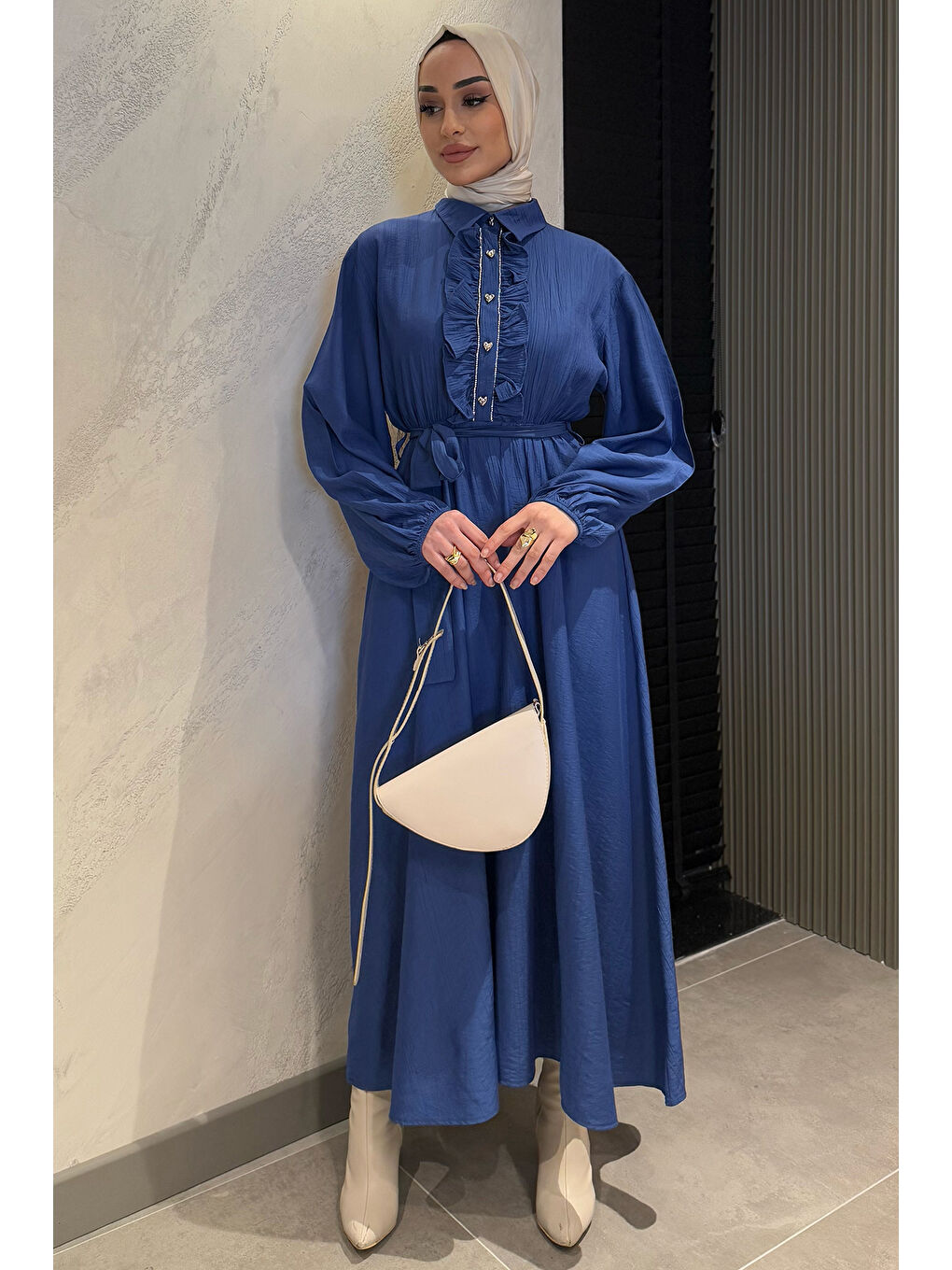 İndigo Yaka Fırfır Ve Taş Detaylı Bel Kuşaklı Kadın Tesettür Elbise-1