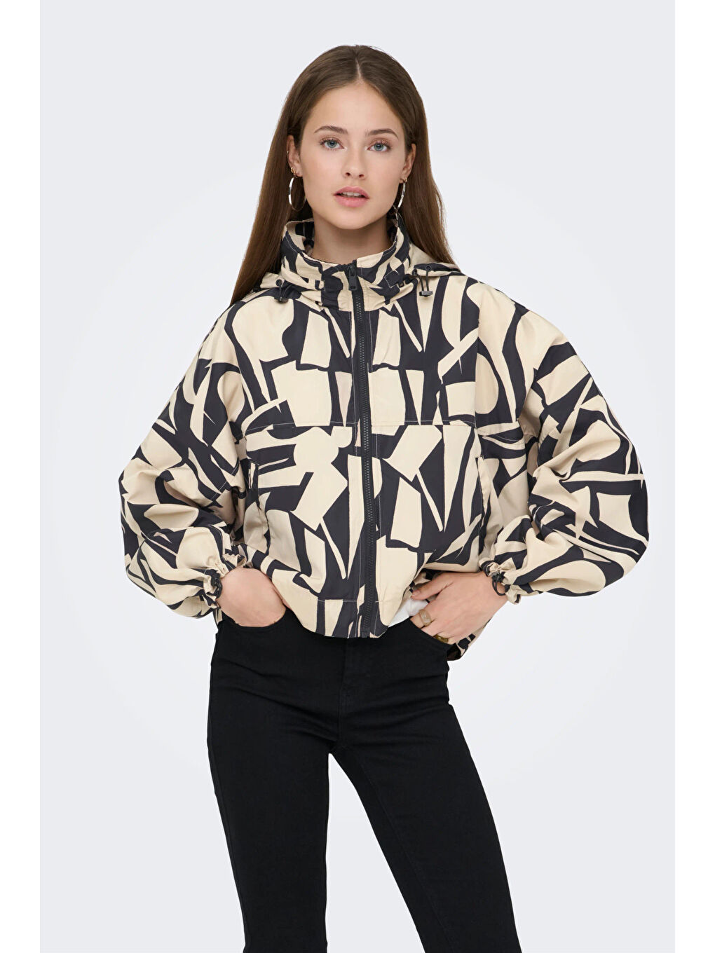 Bej Onlbetty Relaxed Fit Desenli Kapüşon Yaka Kadın Mont 15281509