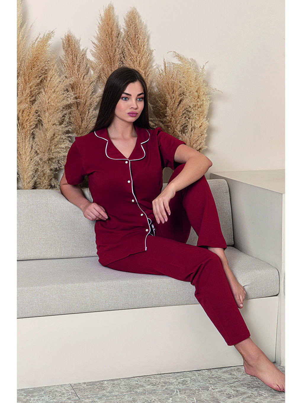 Bordo Kadın %100 Pamuk Biyeli Yüksek Kaliteli Gömlek Yaka Düğmeli Kısa Kollu Battal Pijama Takımı-2