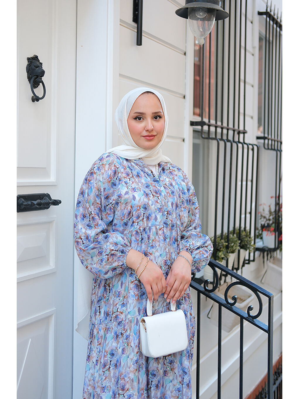 Kadın Çicek Desenli Elbise Mavi-4