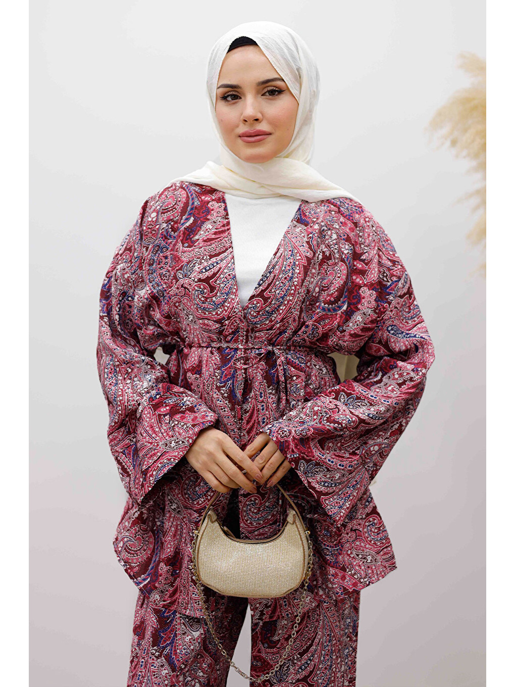 Beli İp Bağlamalı Kimono Takım Tsd250265 Bordo-1