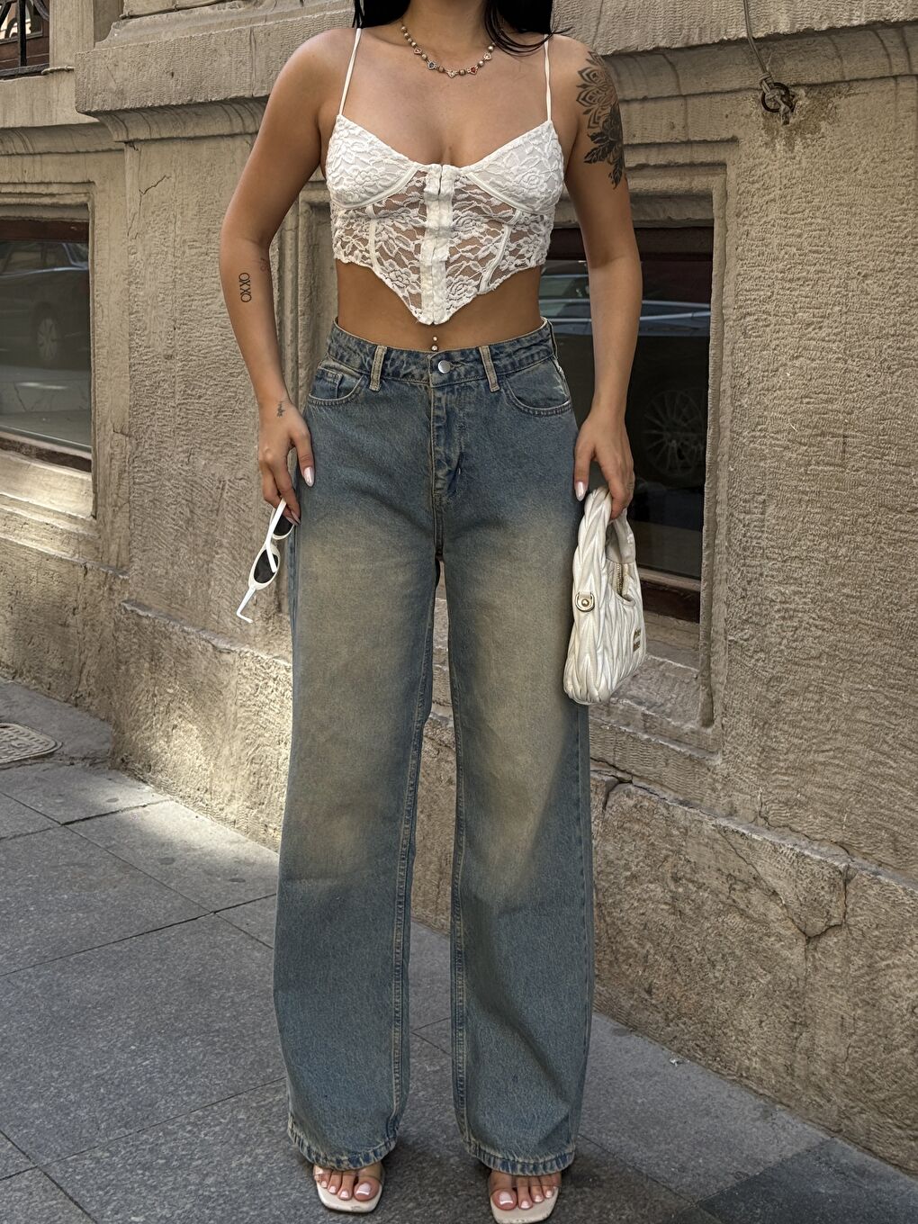 Lacivert Yıkamalı Eskitme Denim Pantalon-1