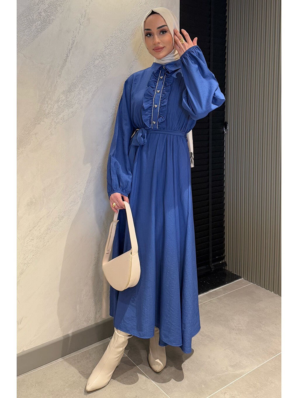 İndigo Yaka Fırfır Ve Taş Detaylı Bel Kuşaklı Kadın Tesettür Elbise-2