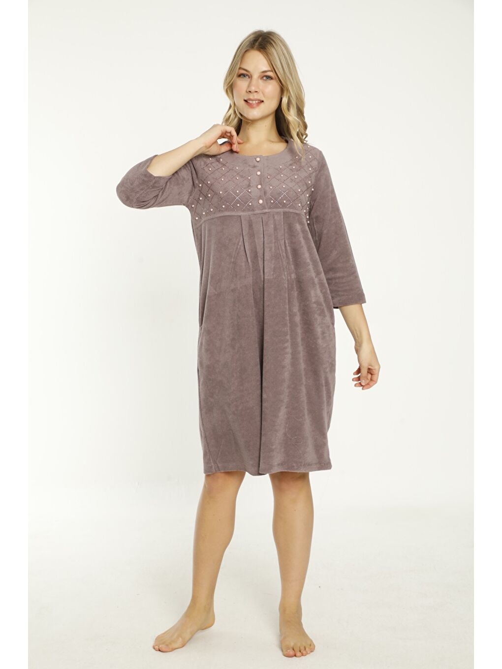 Pembe Lacivert Taş Detaylı Düğmeli Pamuklu Havlu Elbise-1