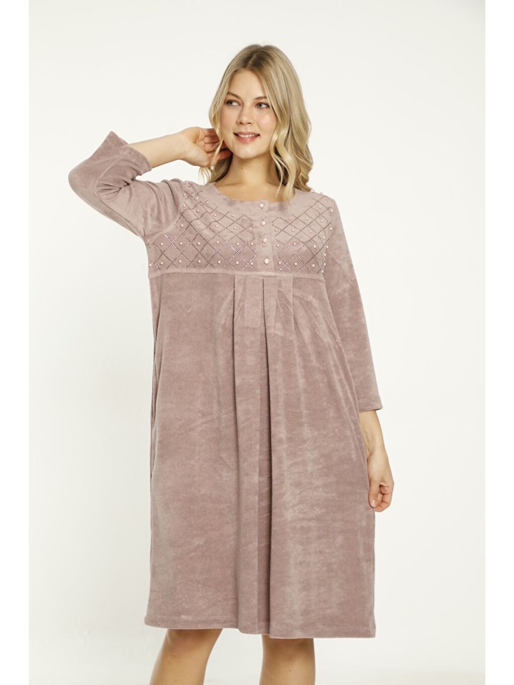 Pembe Lacivert Taş Detaylı Düğmeli Pamuklu Havlu Elbise-4