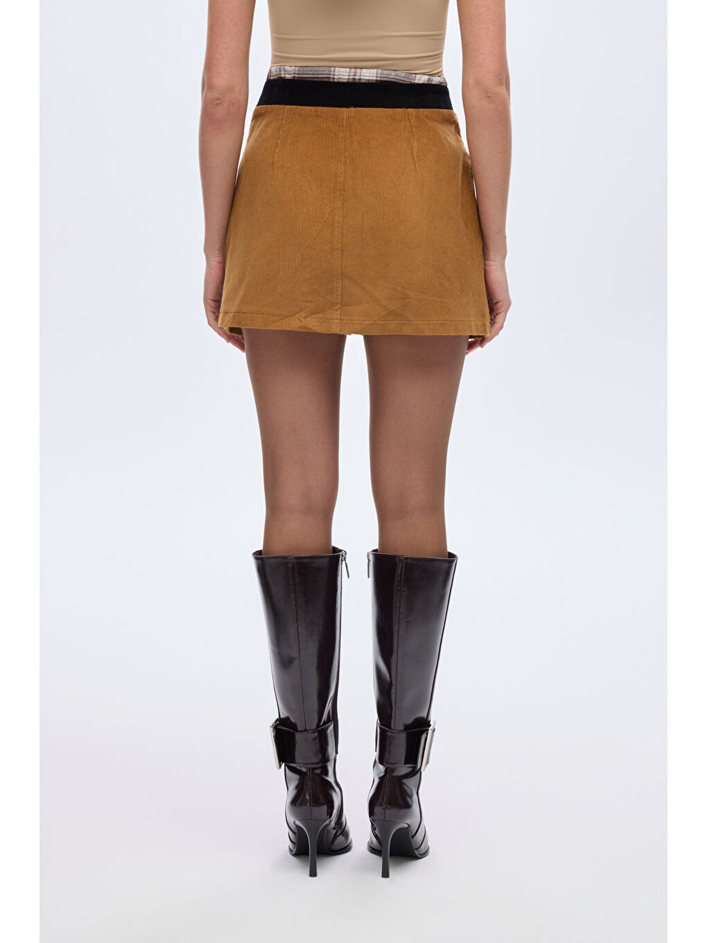 Ekose Bağcıklı Kadife Mini Etek Kahverengi-4