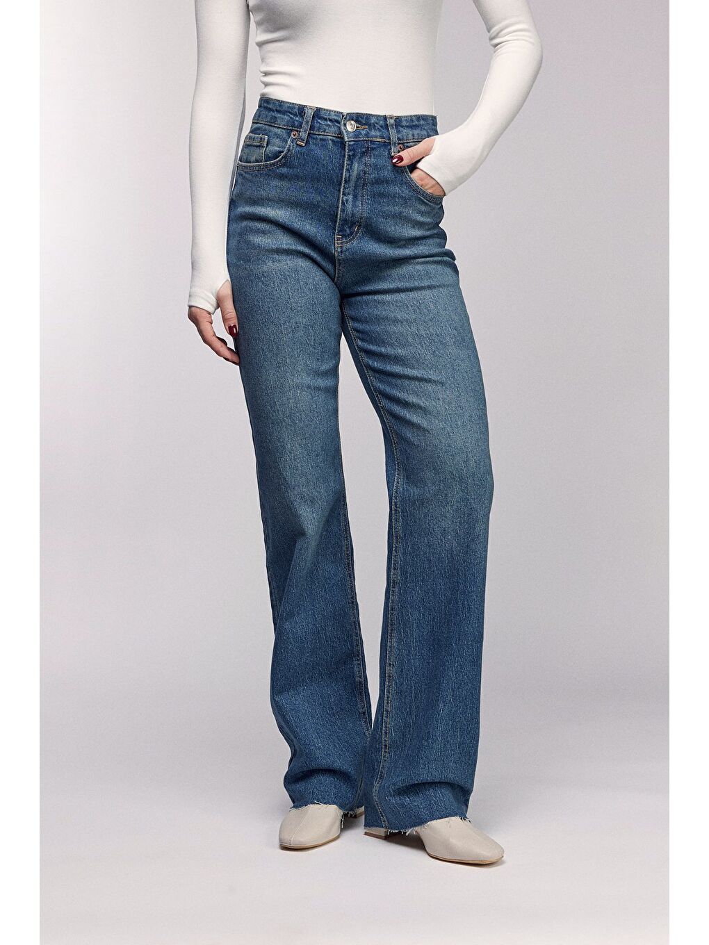 Mavi Kadın Yüksek Bel Wide Leg Ham Paça (Kesik) Jean Pantolon - Street Style