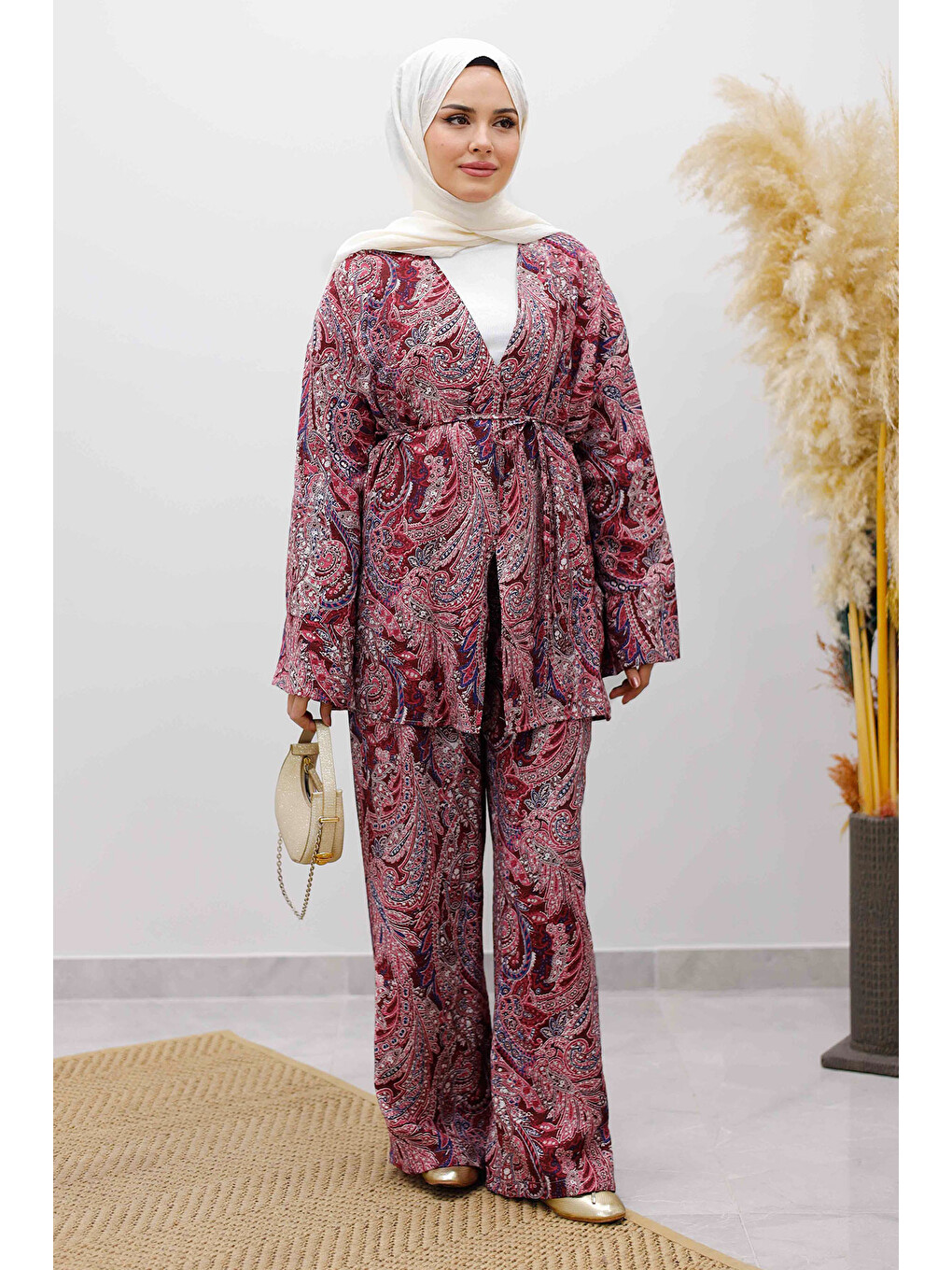 Beli İp Bağlamalı Kimono Takım Tsd250265 Bordo-2